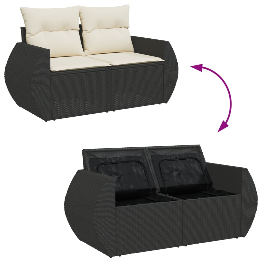 2 személyes fekete polyrattan kerti kanapé párnával