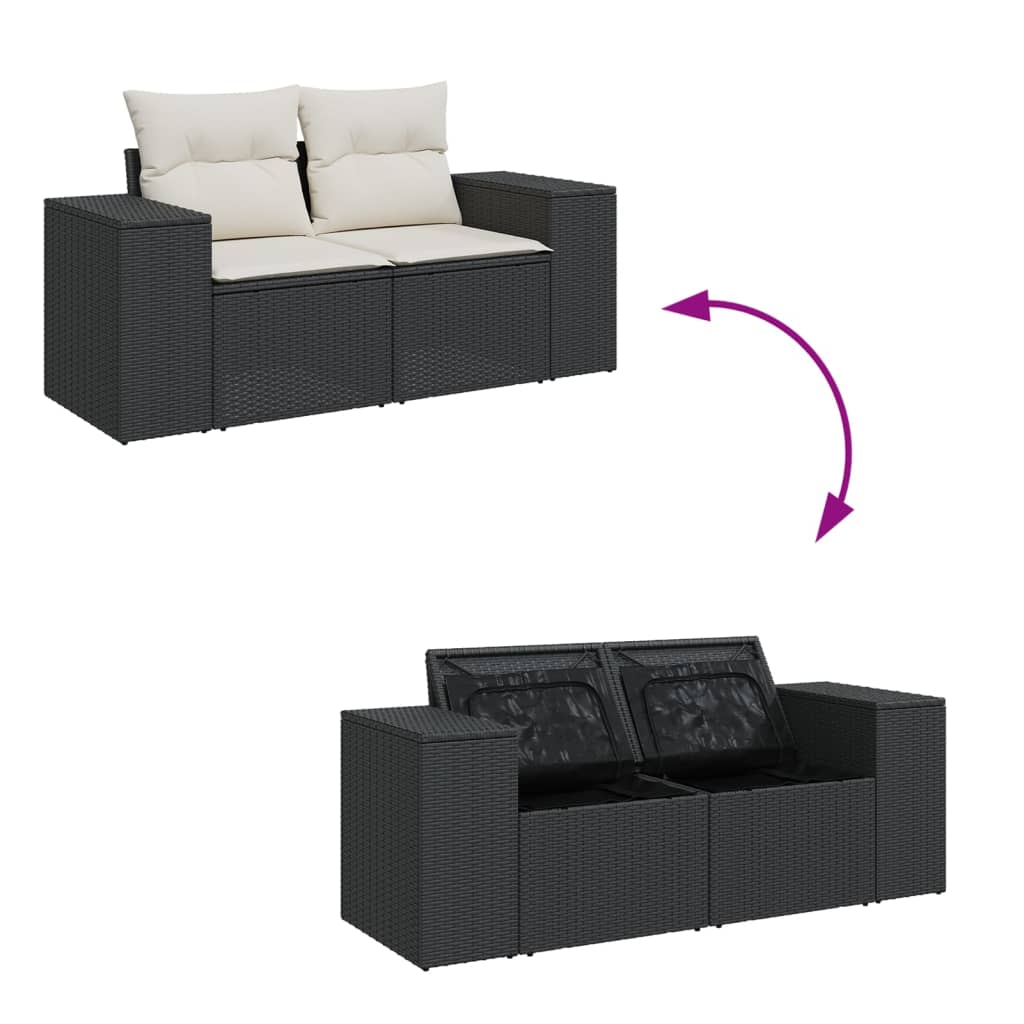 2 személyes fekete polyrattan kerti kanapé párnával