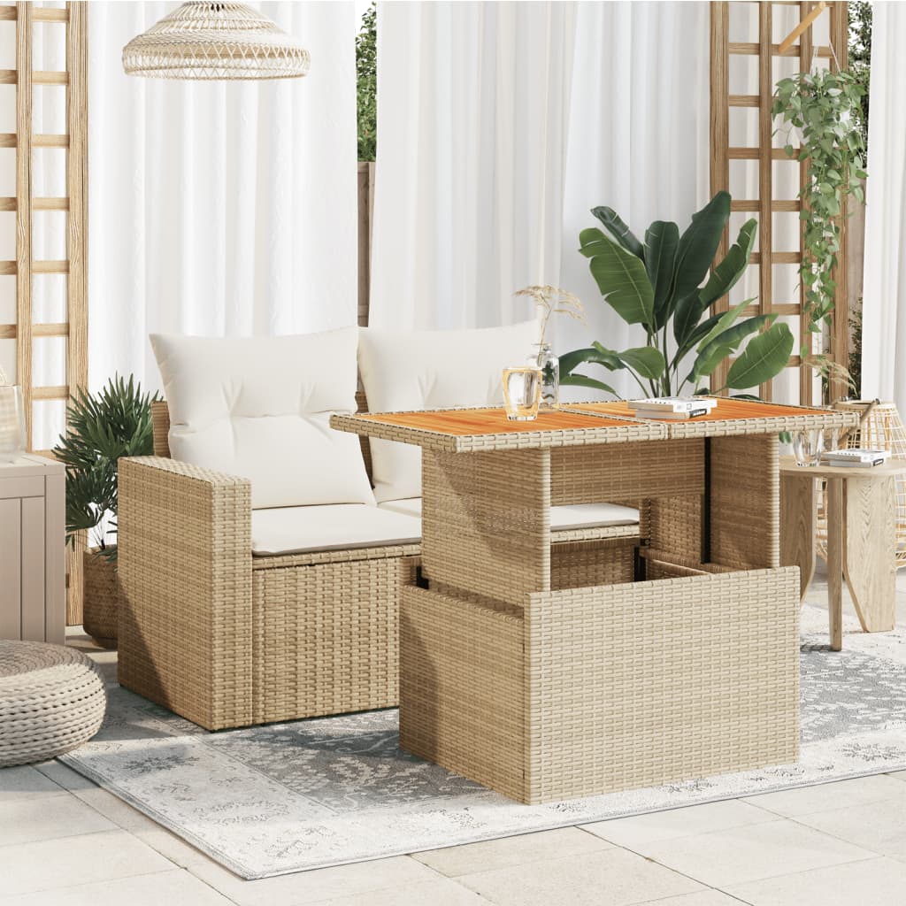 bézs polyrattan és akácfa kerti asztal 100 x 55 x 73 cm