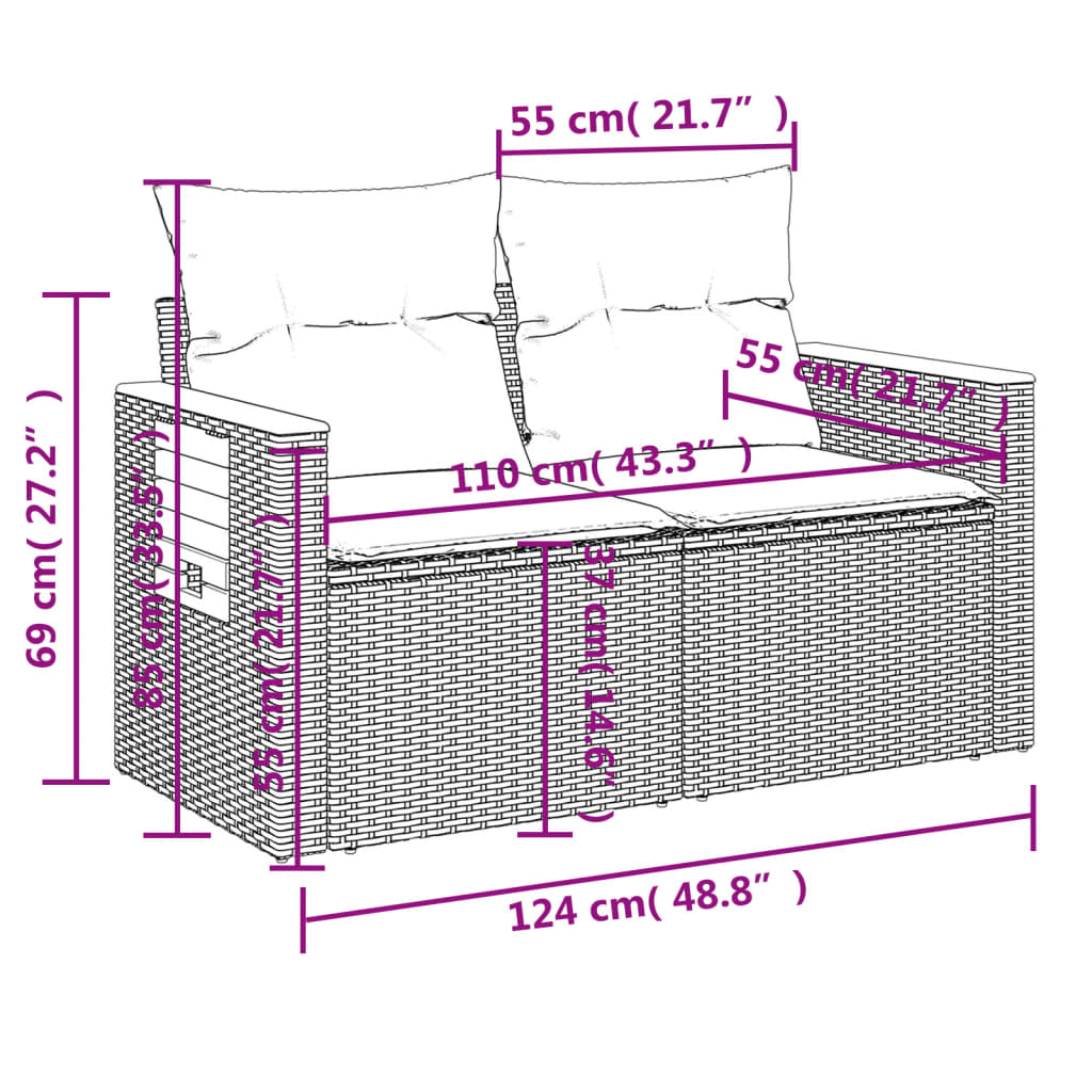 2 személyes szürke polyrattan kerti kanapé párnával