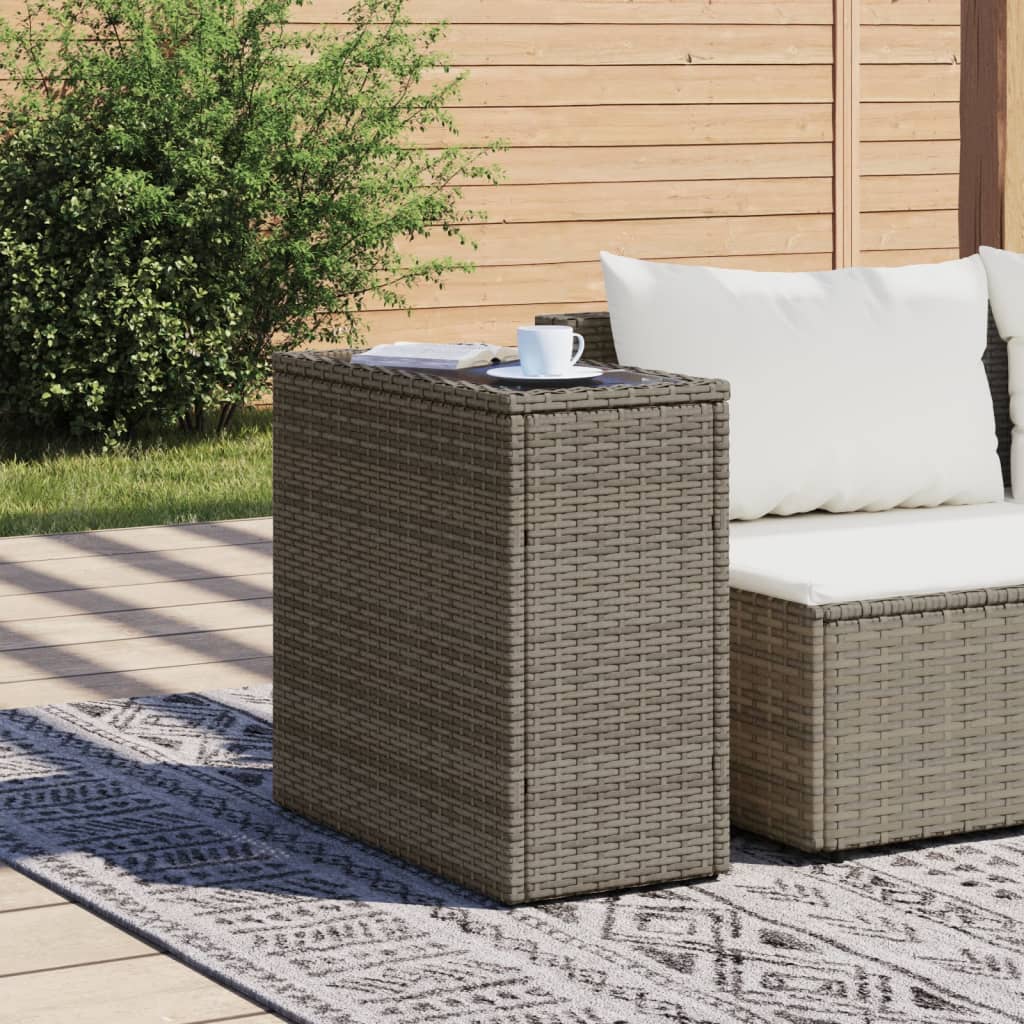 szürke polyrattan kerti kisasztal üveg lappal 58 x 27,5 x 55 cm