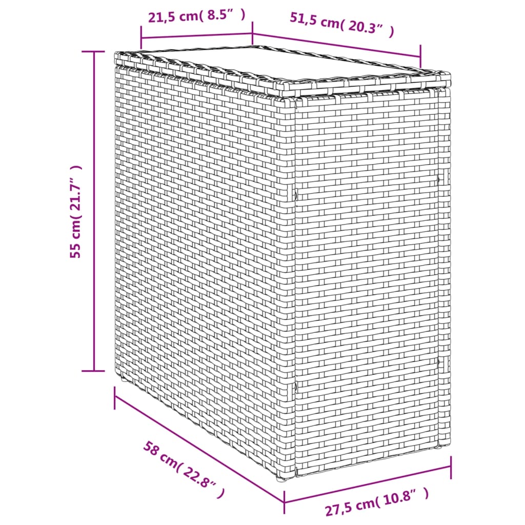 barna polyrattan kerti kisasztal üveg lappal 58 x 27,5 x 55 cm