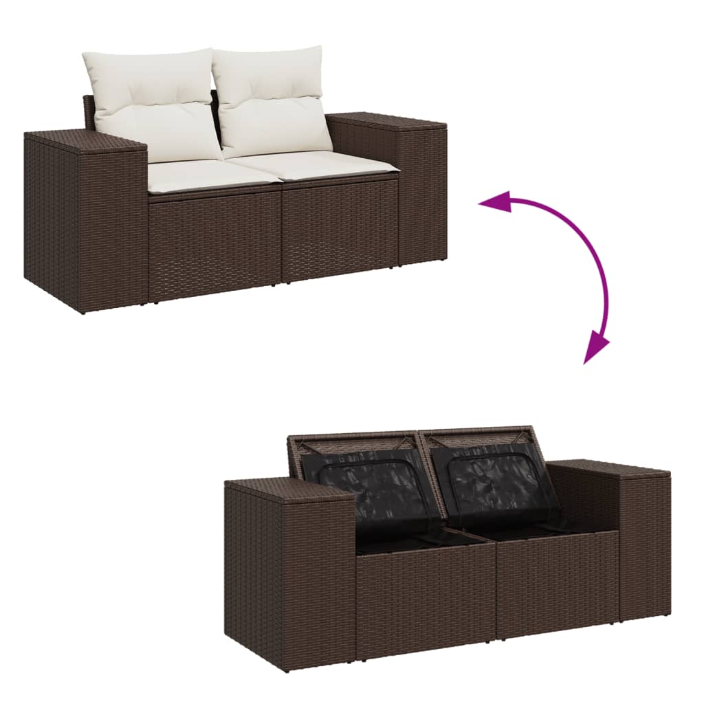 2 személyes barna polyrattan kerti kanapé párnával