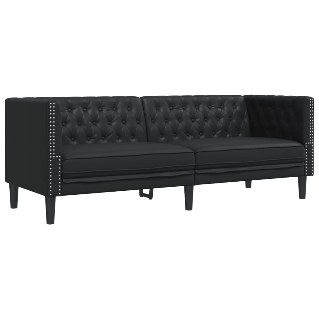 3 személyes fekete műbőr Chesterfield kanapé