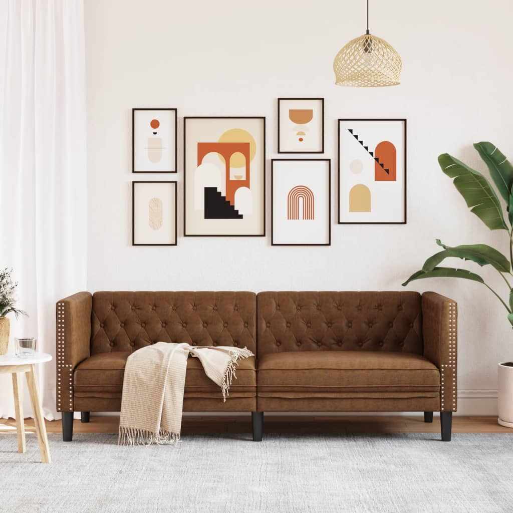 3 személyes barna műbőr Chesterfield kanapé