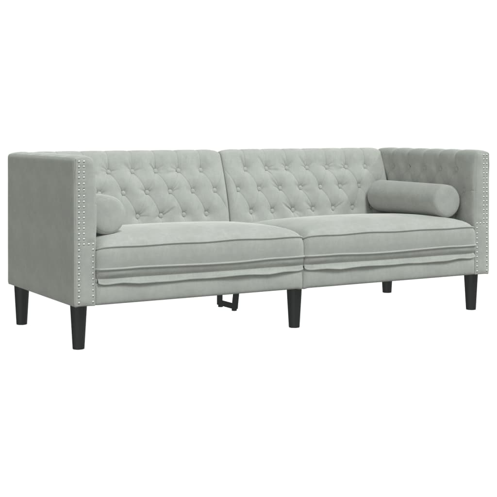 3 személyes világoszöld bársony Chesterfield kanapé párnákkal