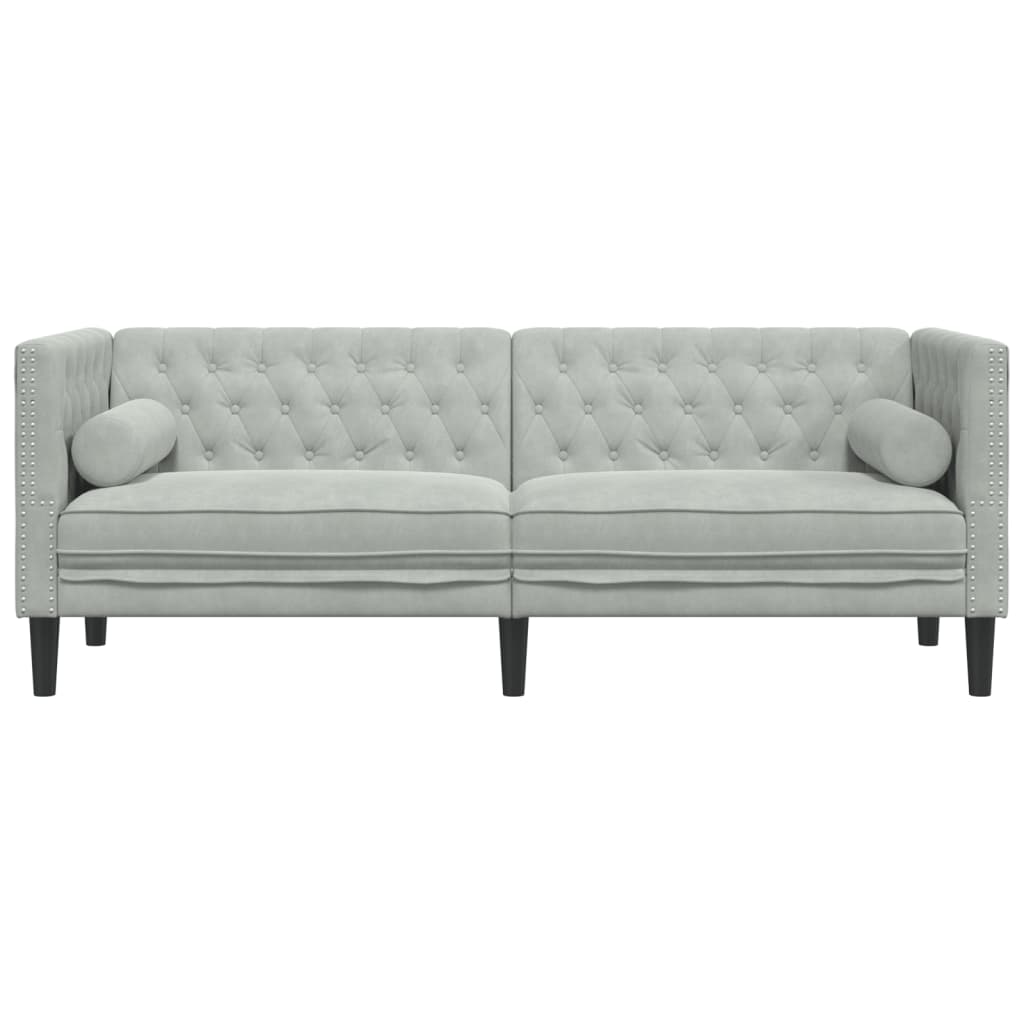 3 személyes világoszöld bársony Chesterfield kanapé párnákkal