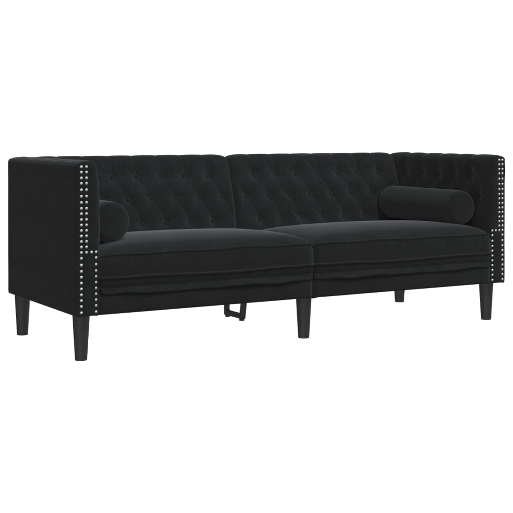 3 személyes fekete bársony Chesterfield kanapé hengerpárnákkal