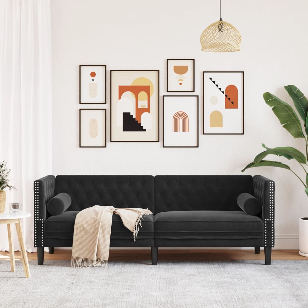 3 személyes fekete bársony Chesterfield kanapé hengerpárnákkal