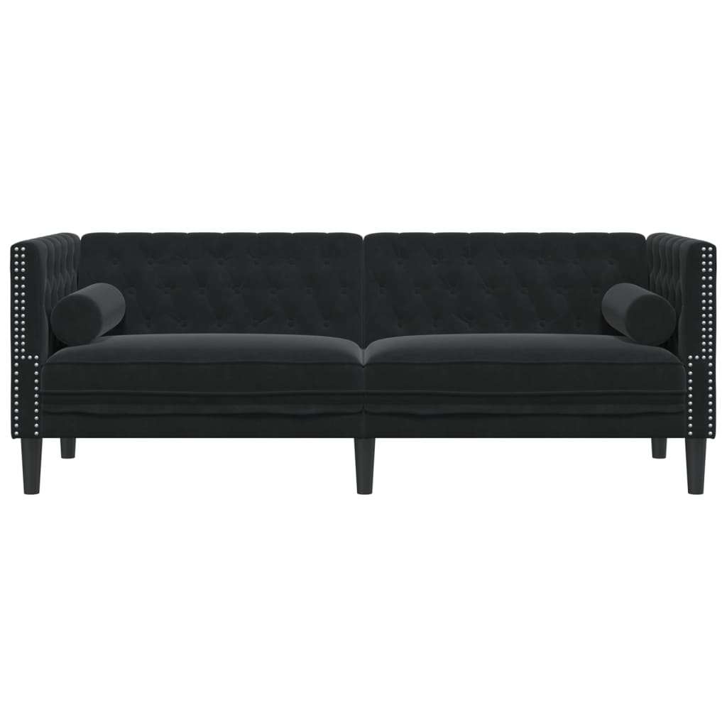 3 személyes fekete bársony Chesterfield kanapé hengerpárnákkal