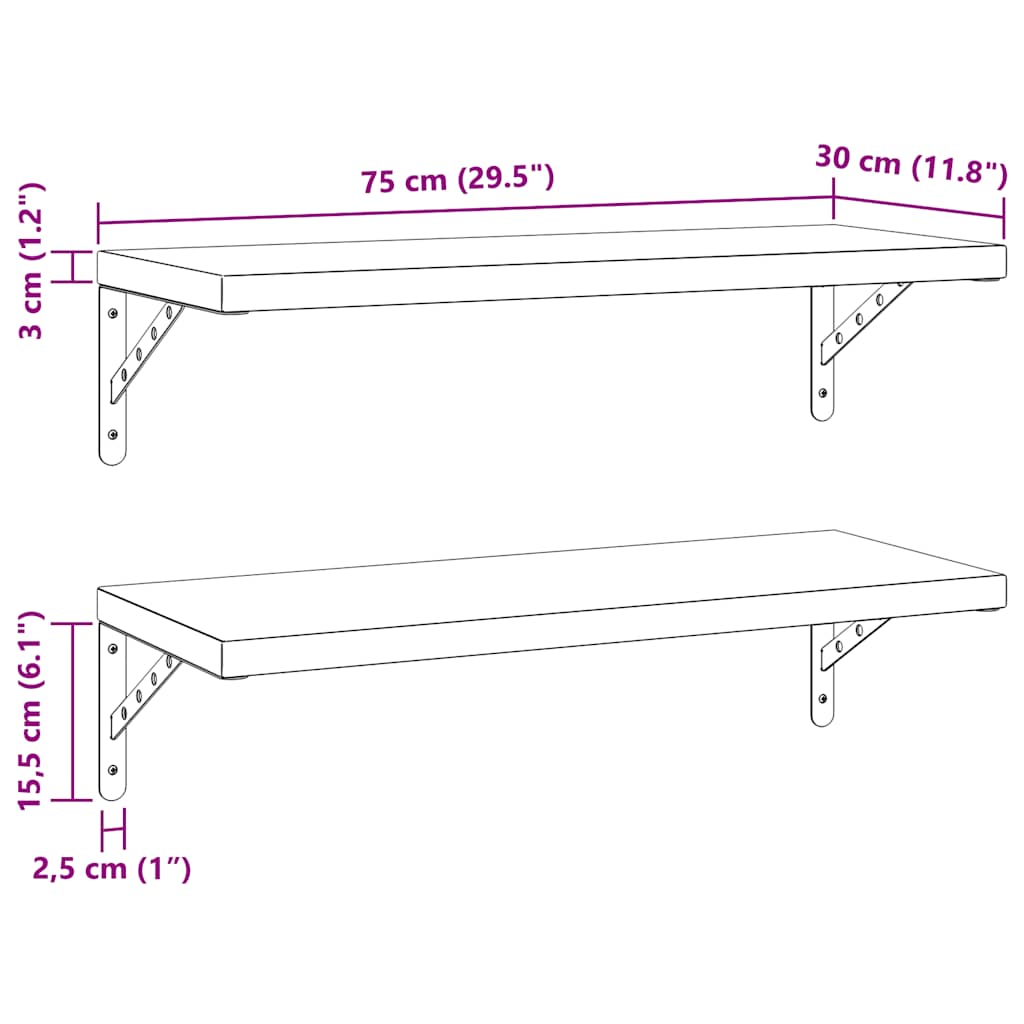 2 db ezüstszínű rozsdamentes acél fali polc 75 x 30 cm