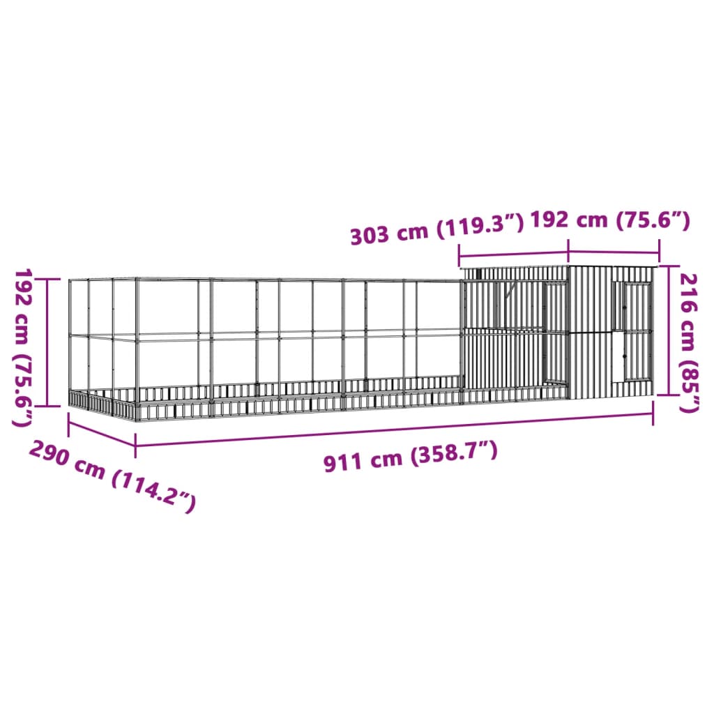 ezüstszínű acél madárház bővítménnyel 911 x 303 x 216 cm