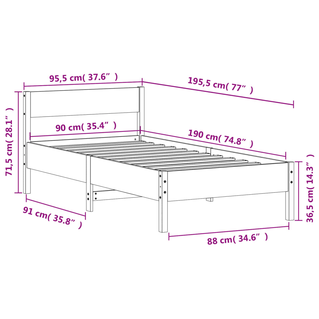 fehér tömör fenyőfa ágykeret matrac nélkül 90 x 190 cm
