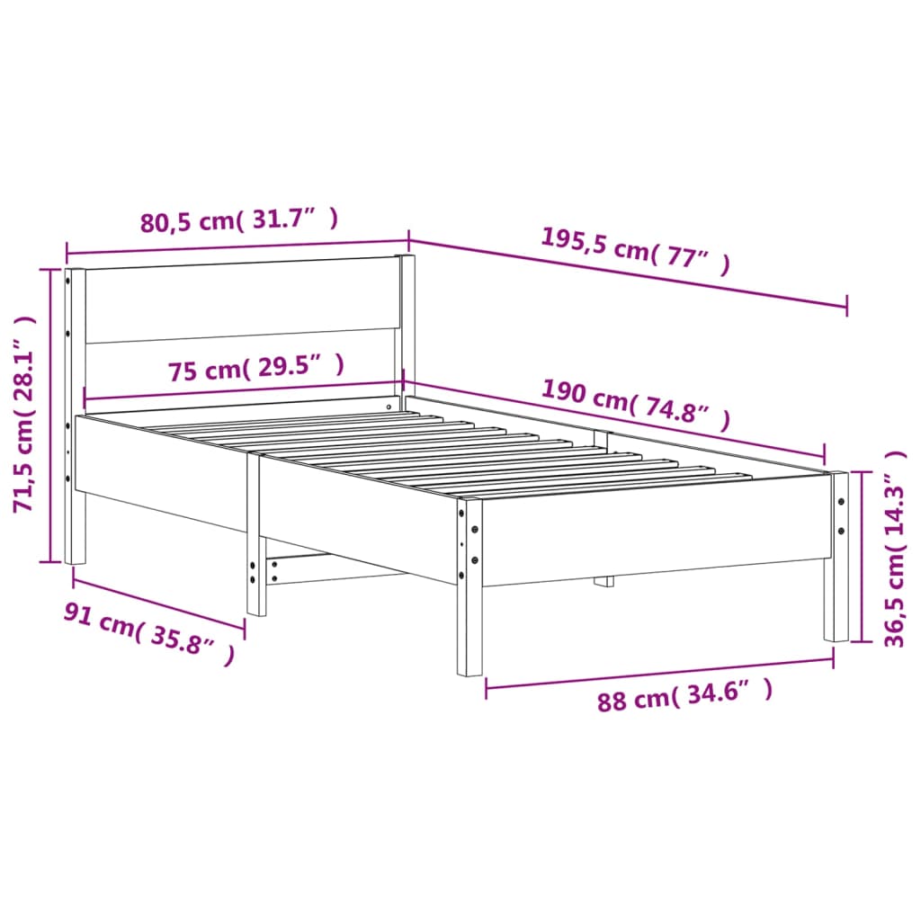 fehér tömör fenyőfa ágy matrac nélkül 75 x 190 cm