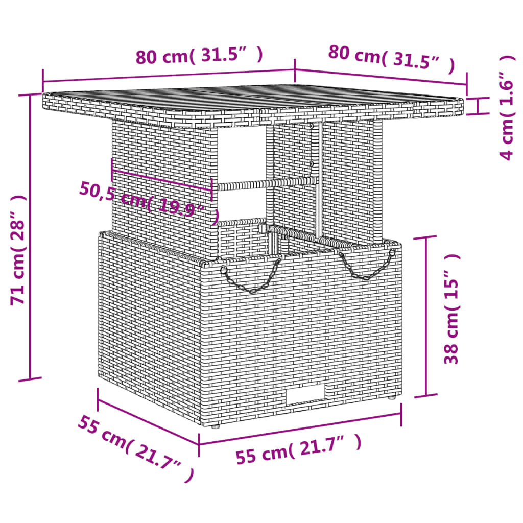 szürke polyrattan és akácfa kerti asztal 80 x 80 x 71 cm