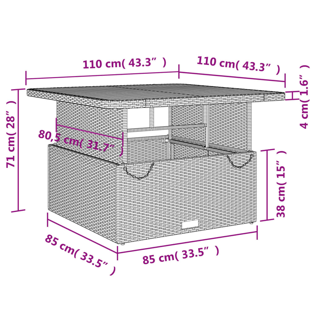 szürke polyrattan és akácfa kerti asztal 110 x 110 x 71 cm