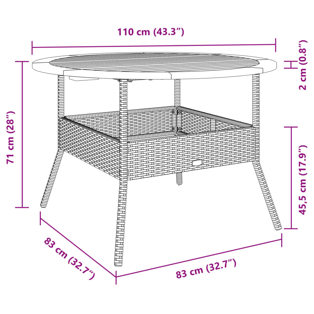 fekete polyrattan kerti asztal akácfa lappal Ø110 x 71 cm