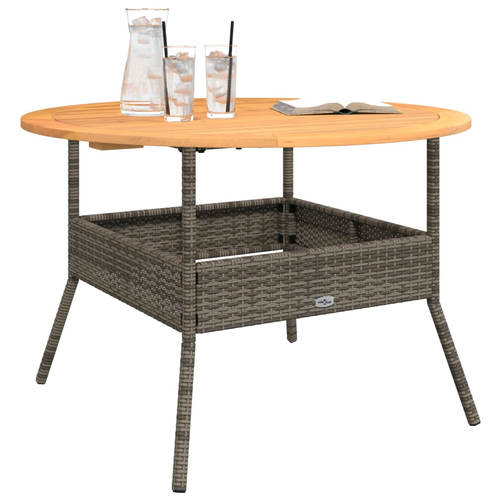 szürke polyrattan kerti asztal akácfa lappal Ø110 x 71 cm