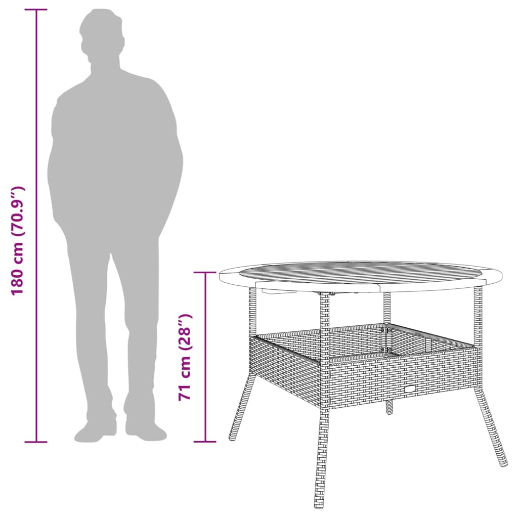 szürke polyrattan kerti asztal akácfa lappal Ø110 x 71 cm
