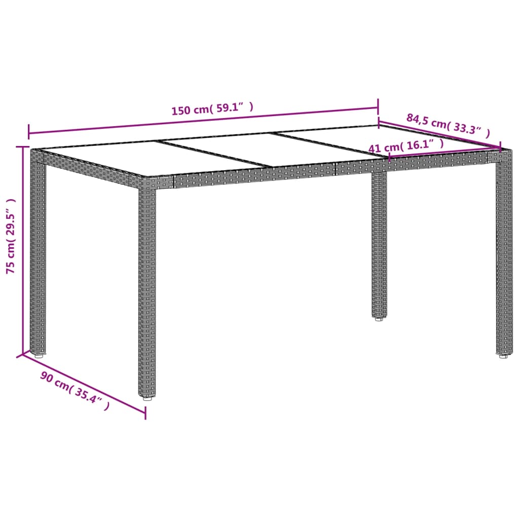 világosszürke polyrattan üveglapos kerti asztal 150x90x75 cm