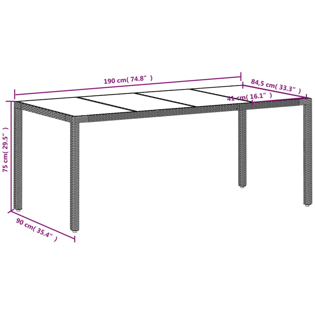 világosszürke polyrattan üveglapos kerti asztal 190x90x75 cm