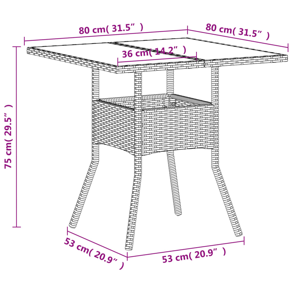 fehér polyrattan üveglapos kerti asztal 80 x 80 x 75 cm