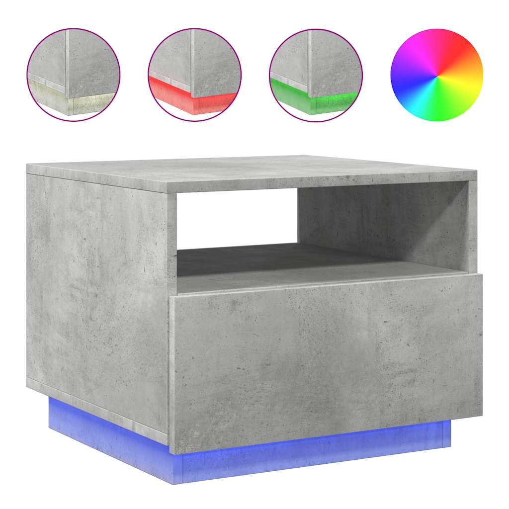 betonszürke dohányzóasztal LED-lámpákkal 50x49x40 cm