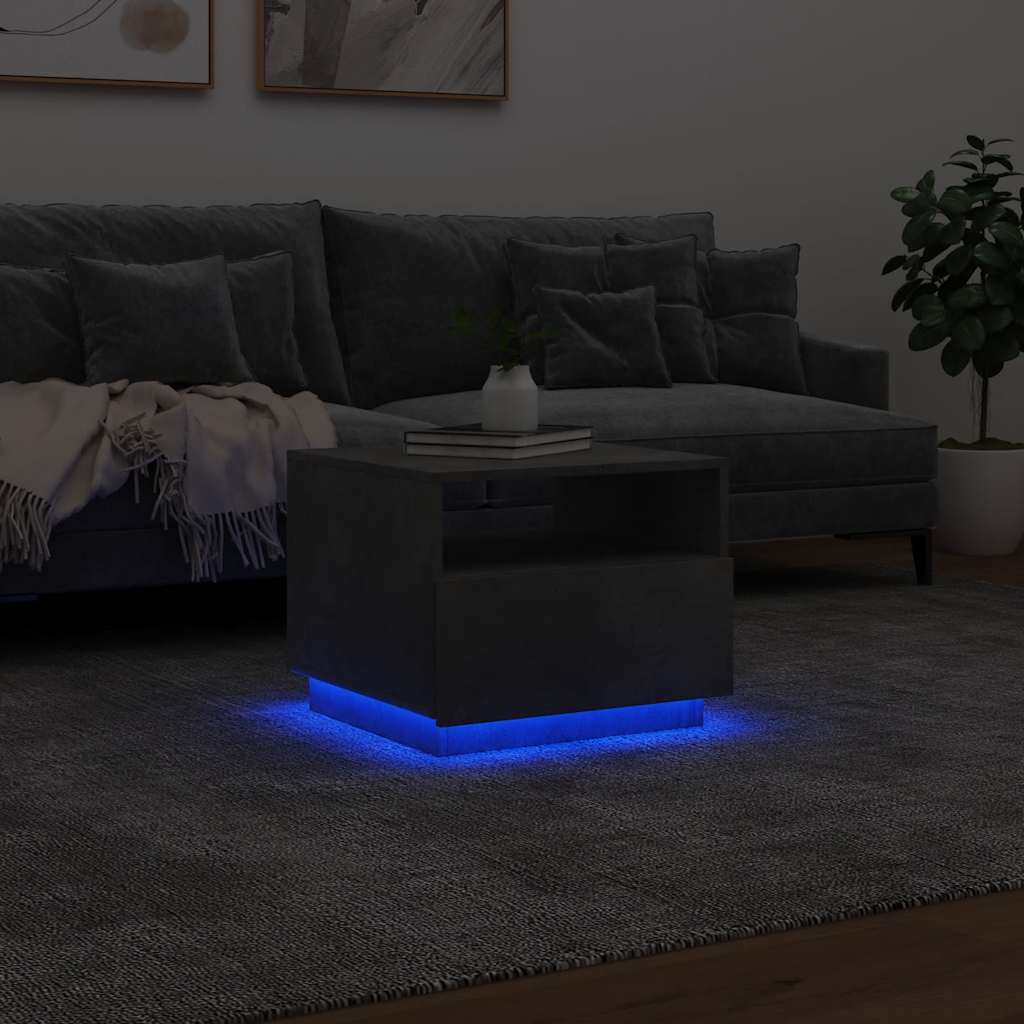 betonszürke dohányzóasztal LED-lámpákkal 50x49x40 cm