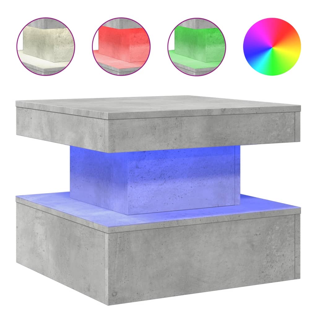 betonszürke dohányzóasztal LED-lámpákkal 50 x 50 x 40 cm