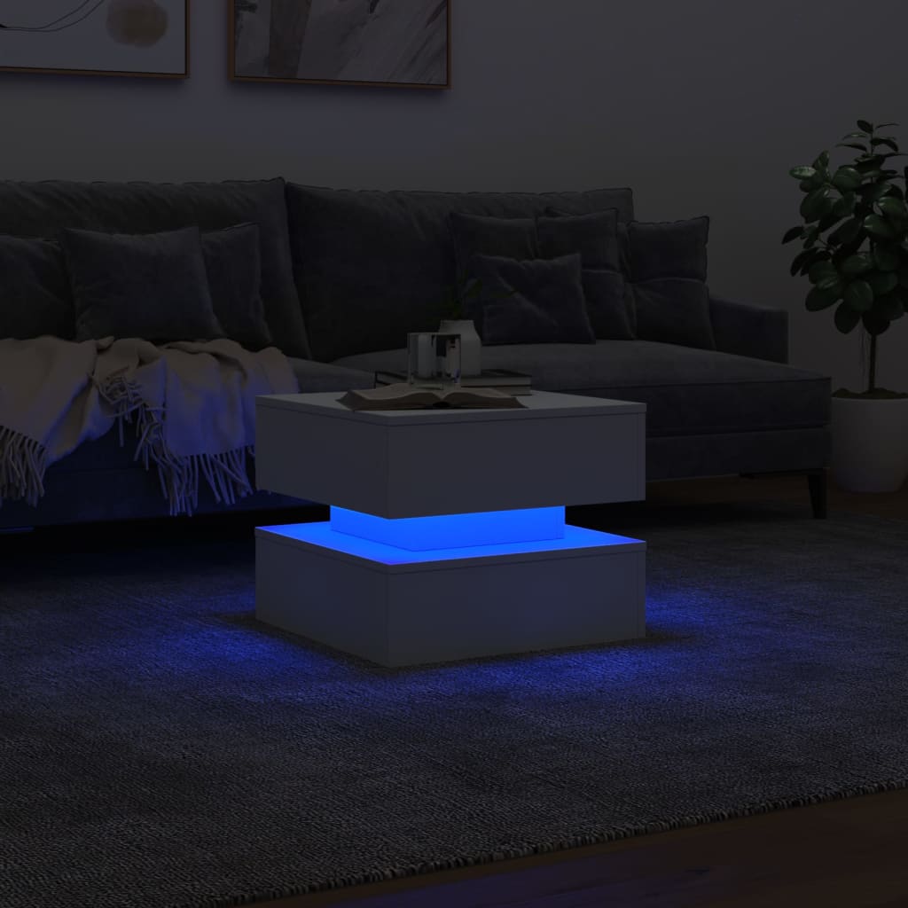 fehér dohányzóasztal LED-lámpákkal 50 x 50 x 40 cm