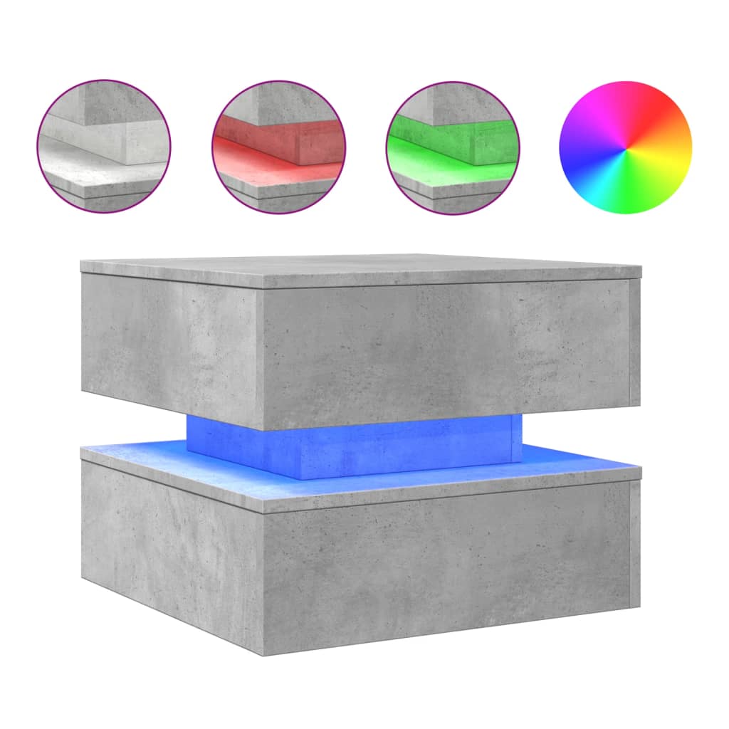 betonszürke dohányzóasztal LED-lámpákkal 50 x 50 x 40 cm
