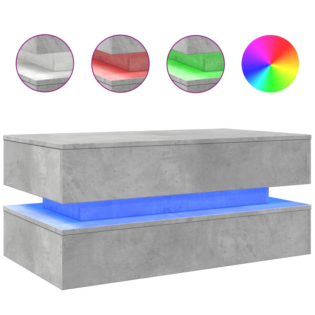 betonszürke dohányzóasztal LED-lámpákkal 90x50x40 cm