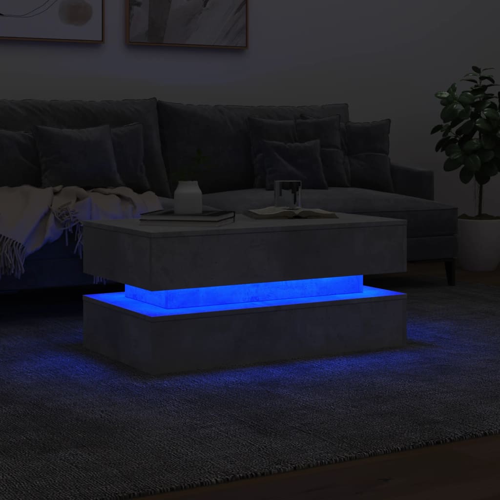 betonszürke dohányzóasztal LED-lámpákkal 90x50x40 cm