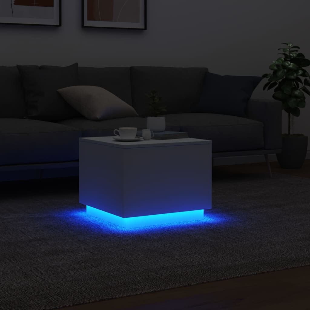 fehér dohányzóasztal LED-lámpákkal 50 x 50 x 40 cm