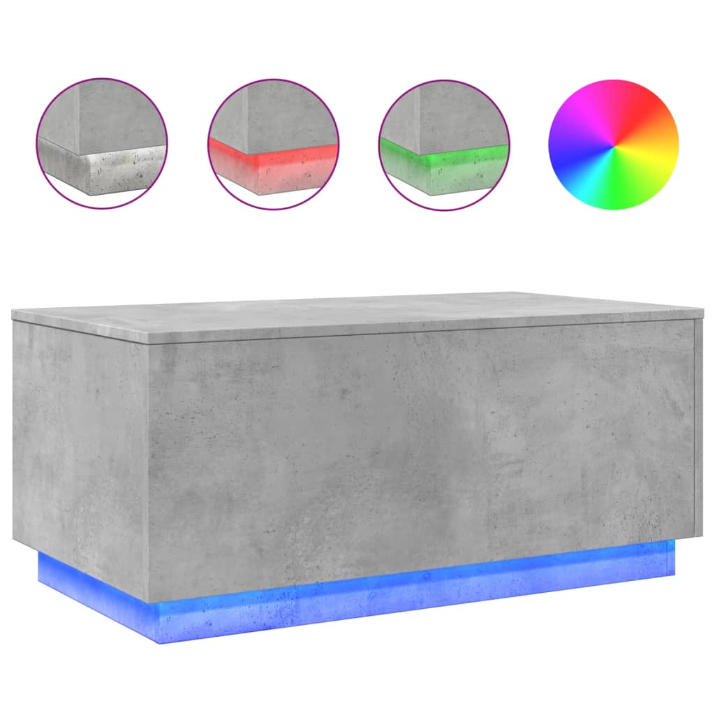betonszürke dohányzóasztal LED-lámpákkal 90x50x40 cm