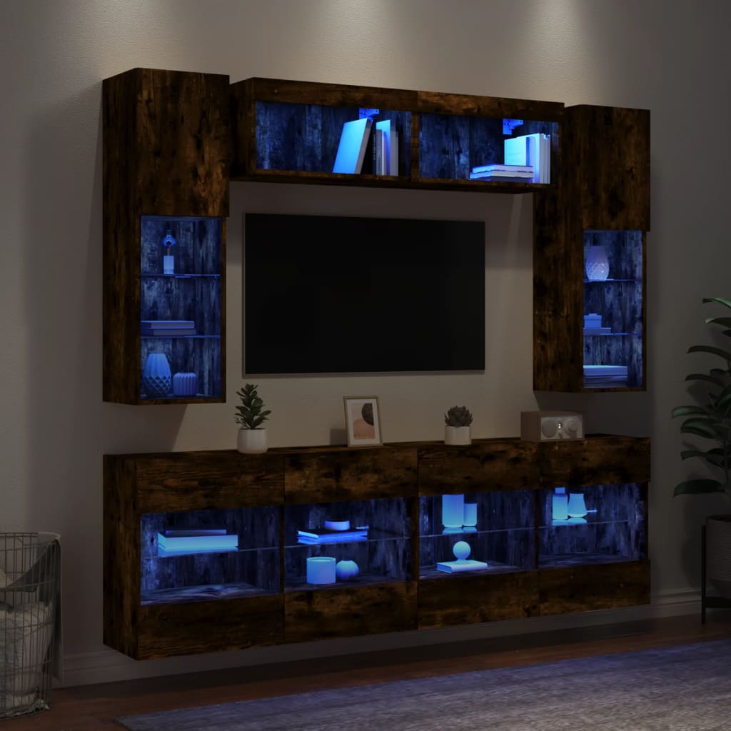 6 darabos füstös tölgy színű fali TV-szekrényszett LED-ekkel