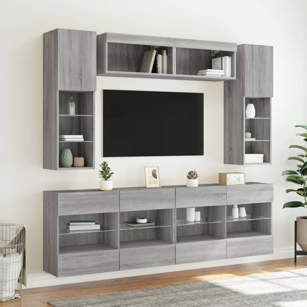 6 db szürke sonoma színű falra szerelhető TV-szekrény LED-ekkel