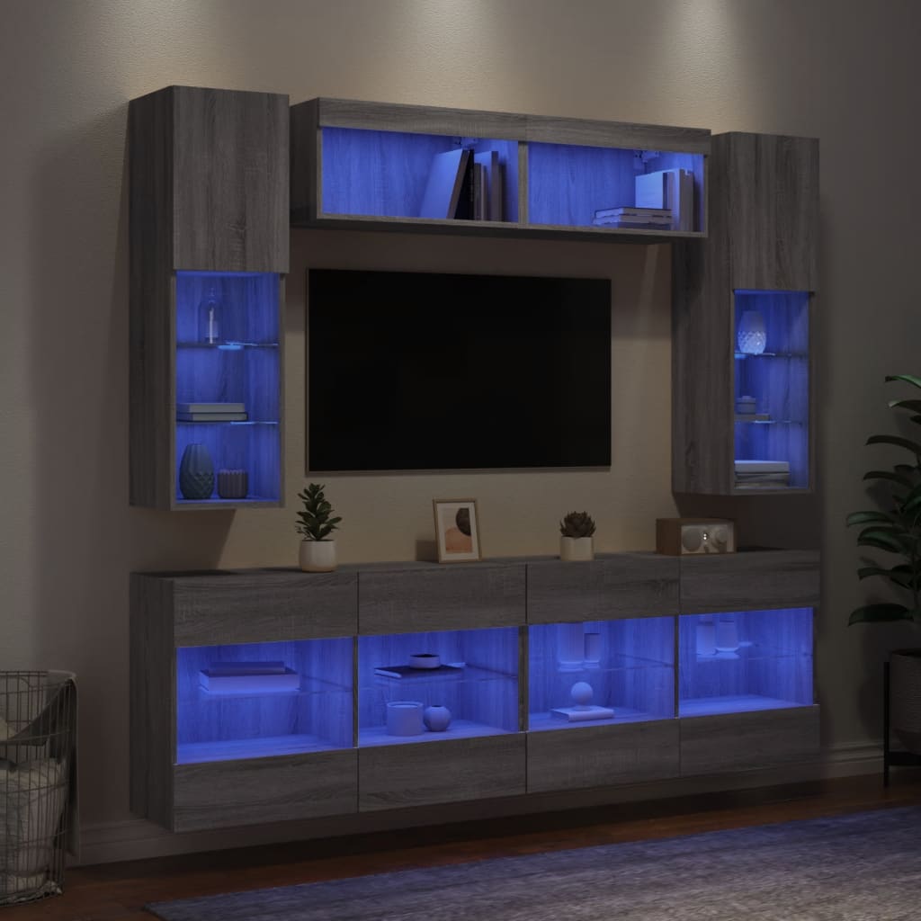6 db szürke sonoma színű falra szerelhető TV-szekrény LED-ekkel