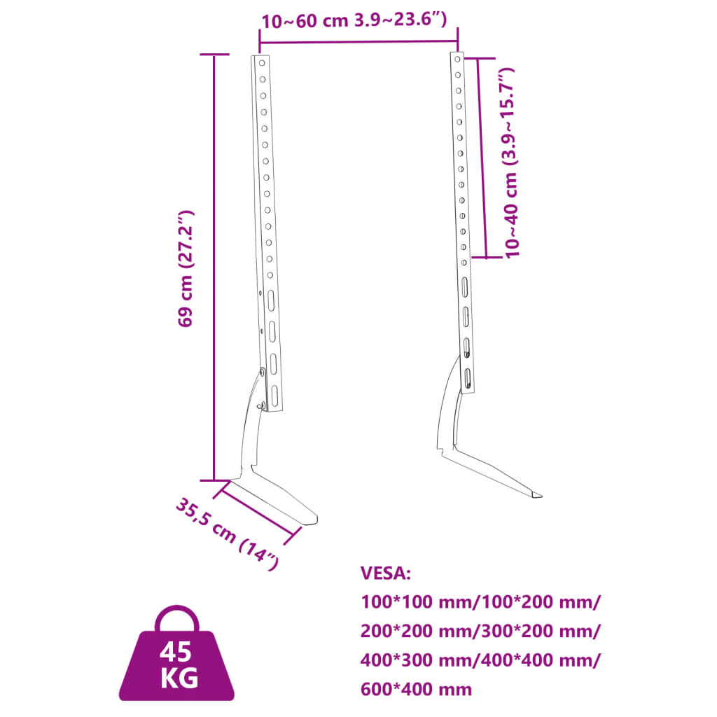 2 db TV-állvány 37"-75" képernyőhöz max VESA 600x400 mm 45 kg