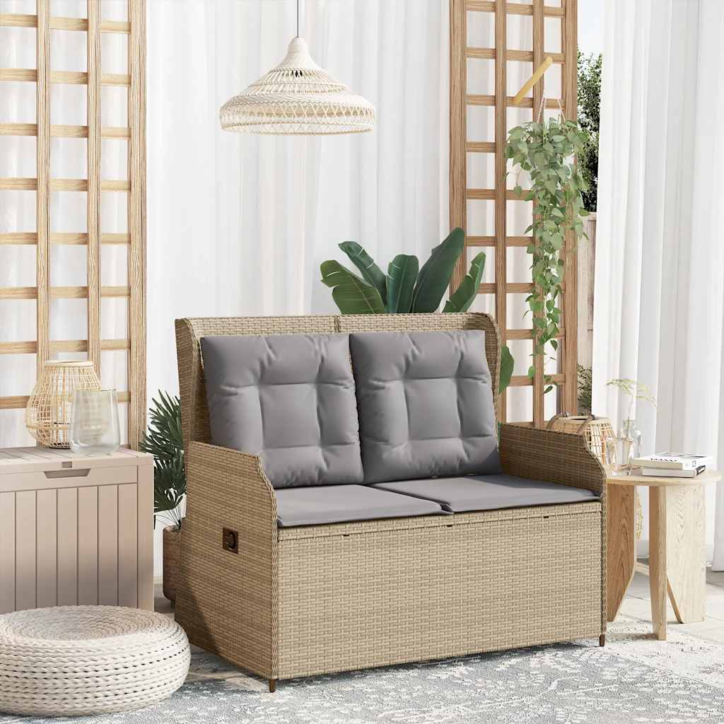bézs polyrattan dönthető kerti pad párnával
