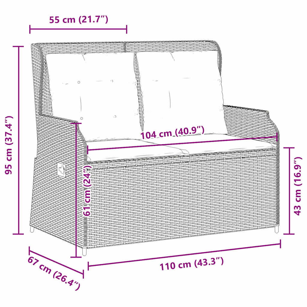 világosszürke polyrattan dönthető kerti pad párnával