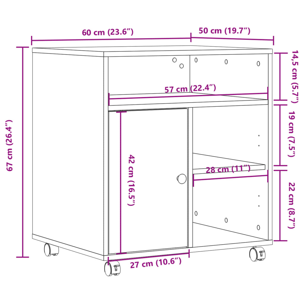 betonszürke nyomtatóállvány kerekekkel 60x50x67 cm