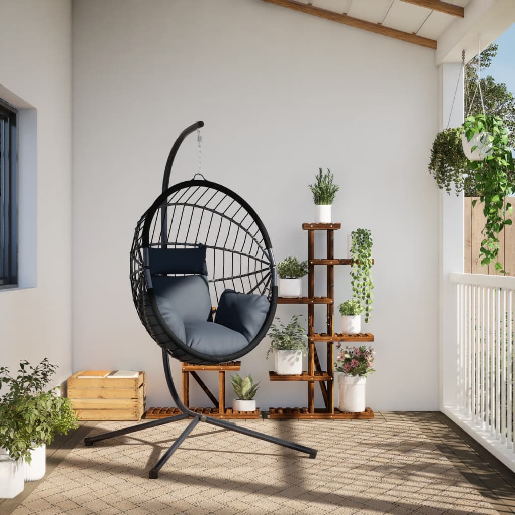 antracitszürke rattan és acél függő kagylószék állvánnyal