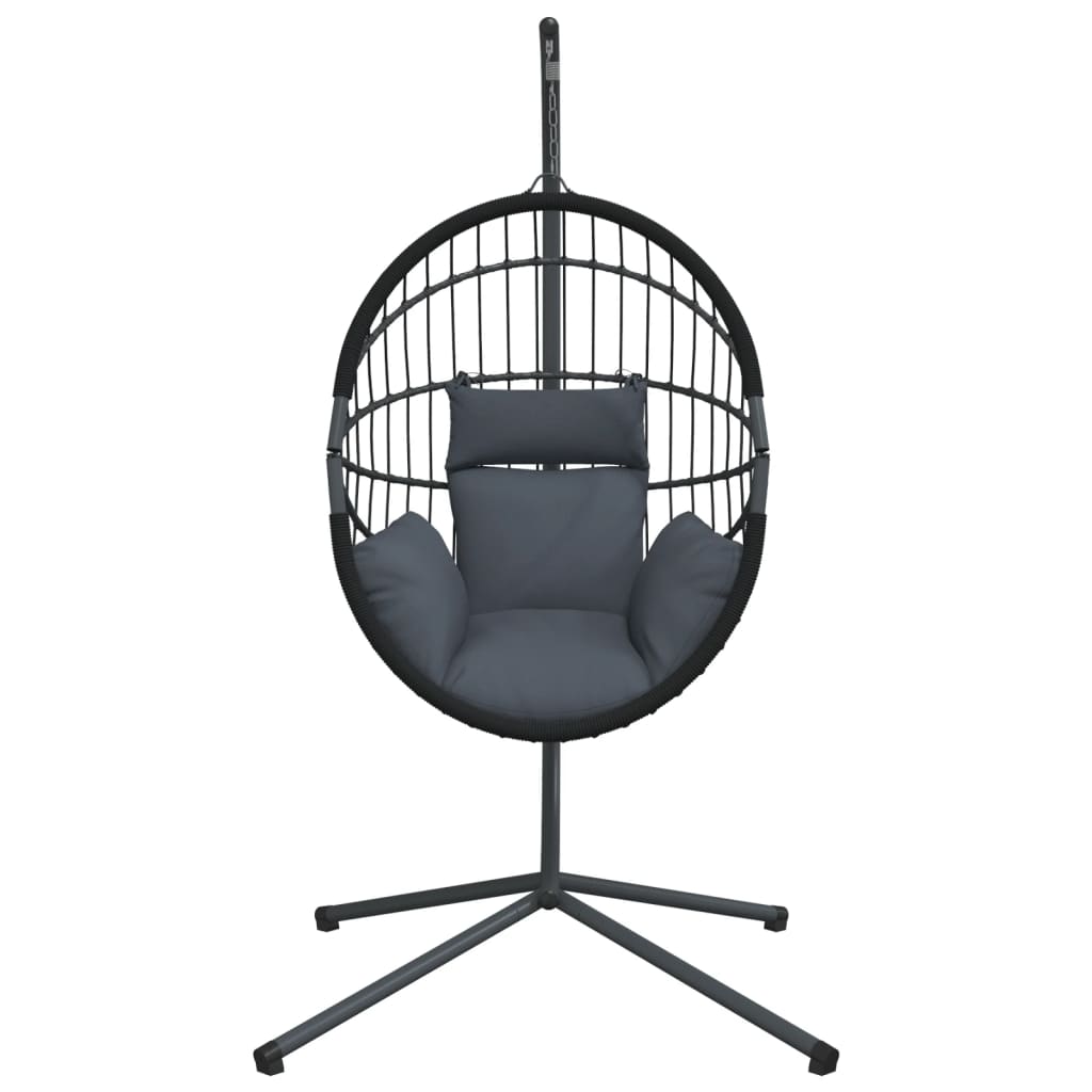 antracitszürke rattan és acél függő kagylószék állvánnyal