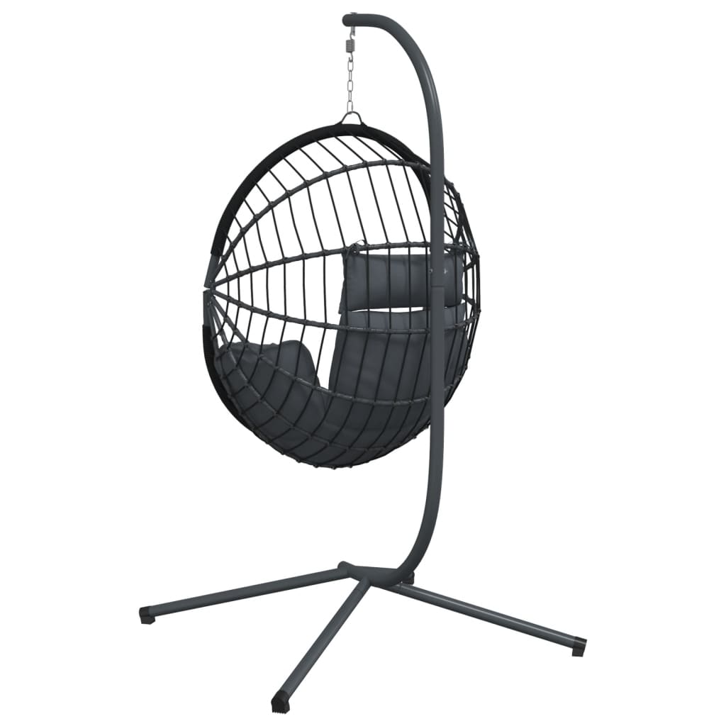 antracitszürke rattan és acél függő kagylószék állvánnyal