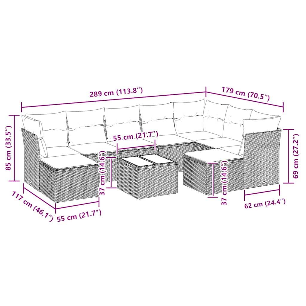 10 részes fekete polyrattan kerti ülőgarnitúra párnákkal