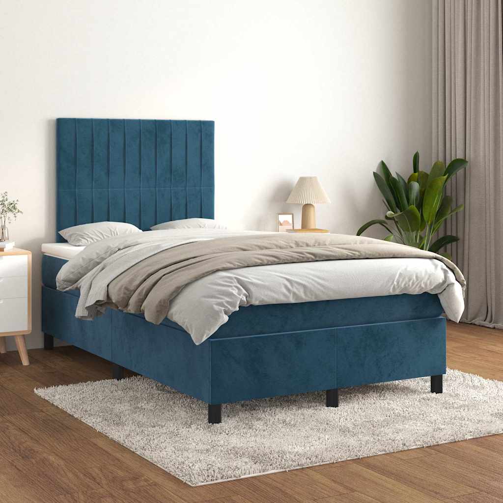 sötétkék bársony rugós ágy matraccal 120x190 cm
