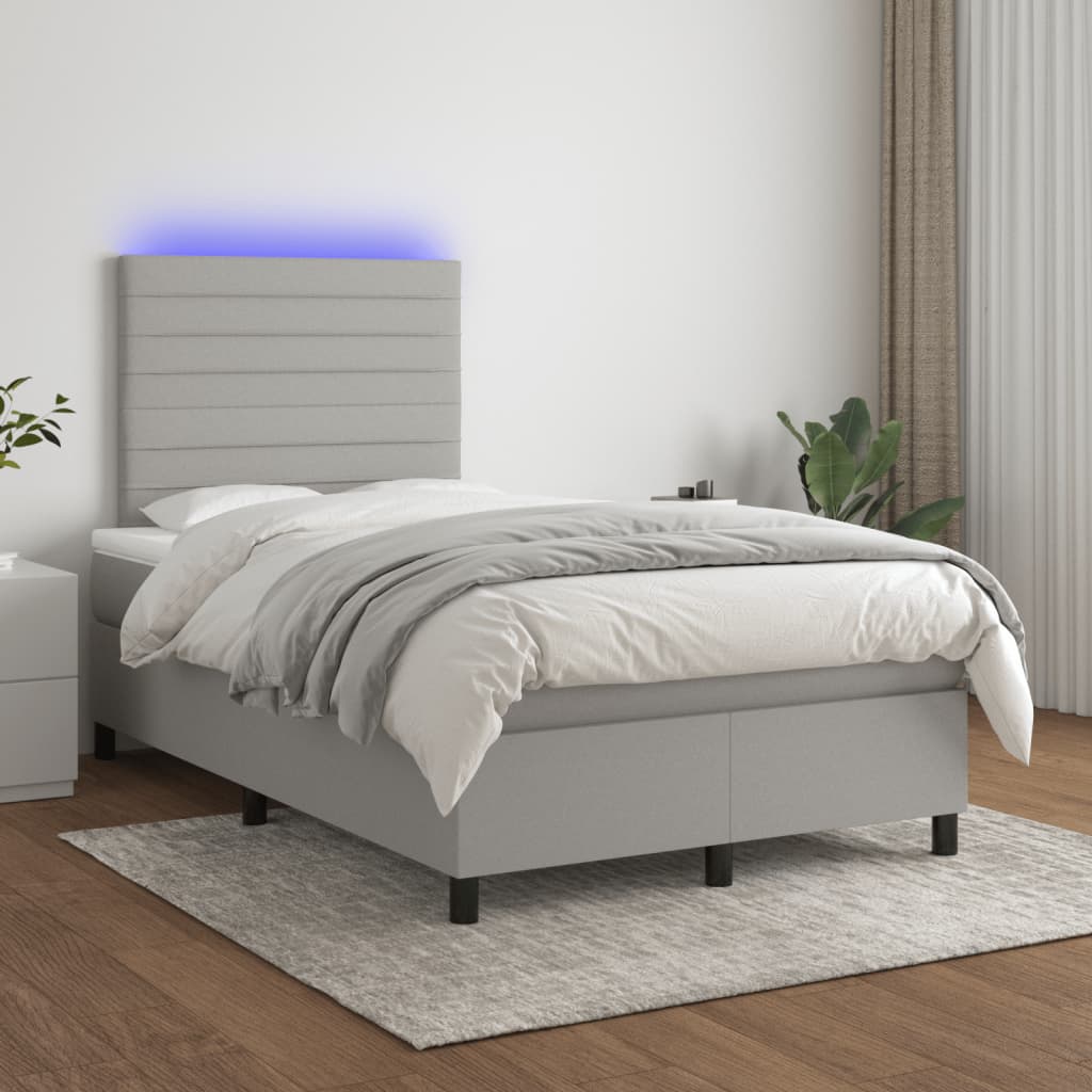 világosszürke szövet rugós és LED-es ágy matraccal 120x190 cm