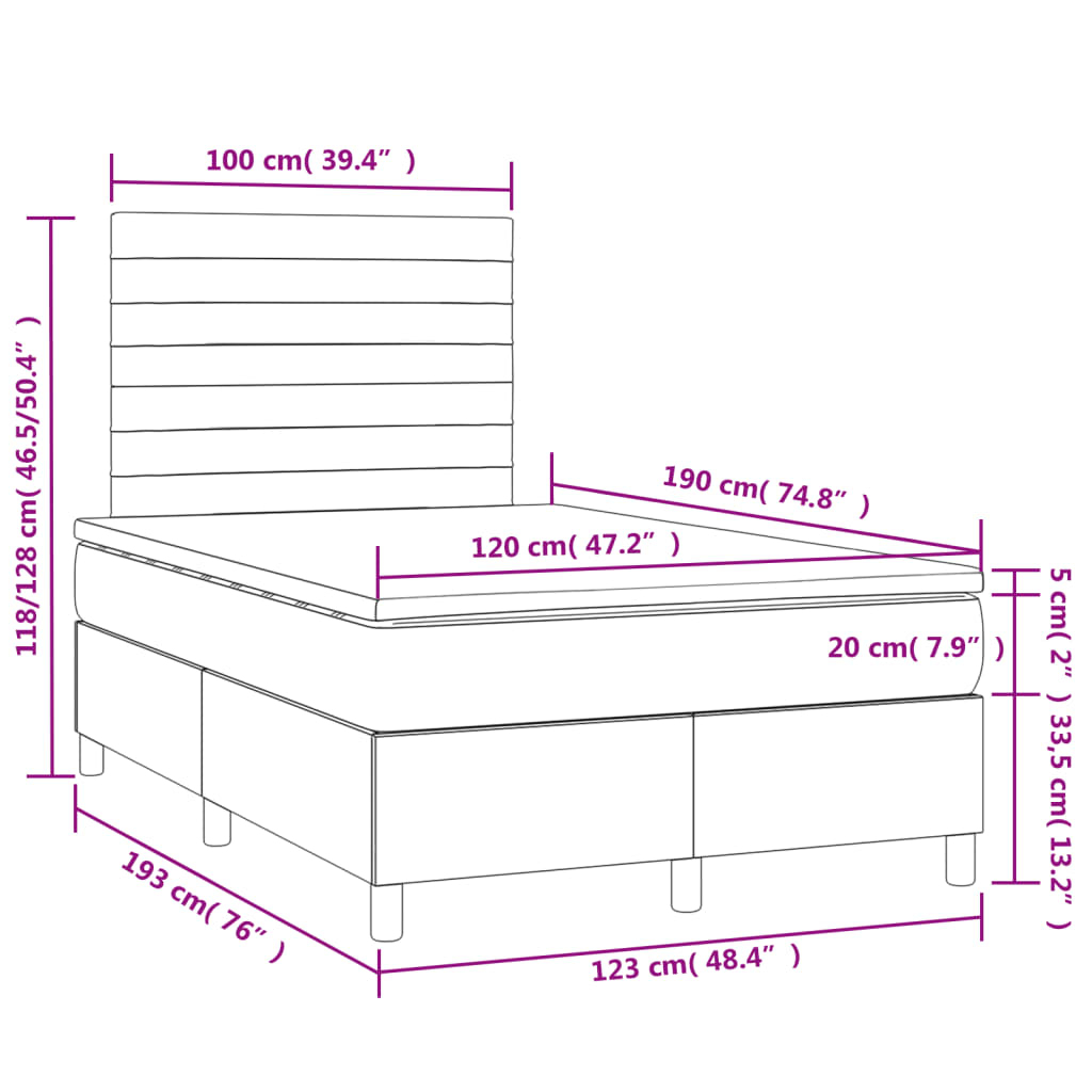 világosszürke szövet rugós és LED-es ágy matraccal 120x190 cm