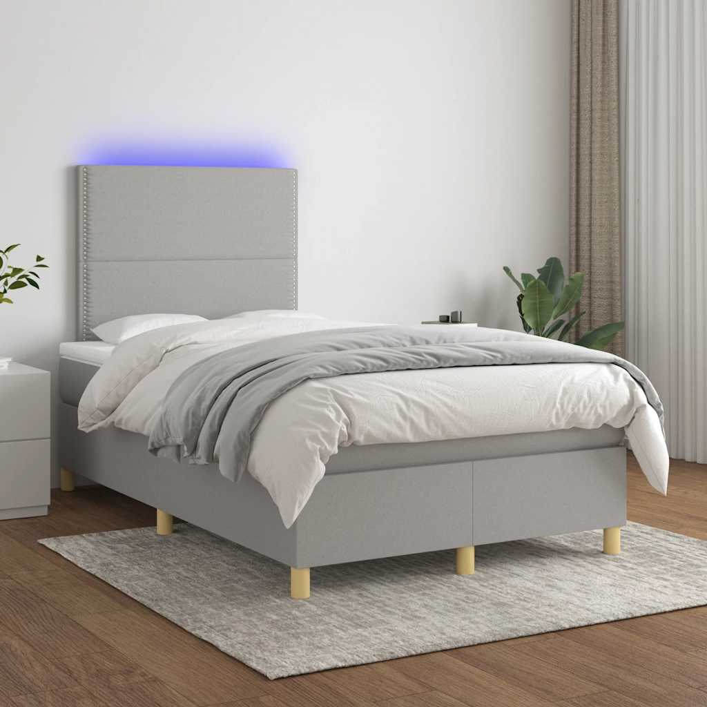 világosszürke szövet rugós és LED-es ágy matraccal 120x190 cm